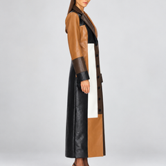 Imelda long patchwork coat, side view