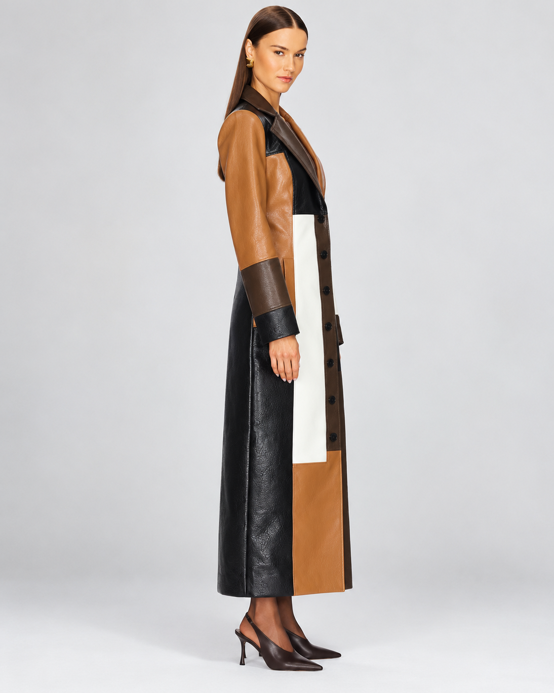 Imelda long patchwork coat, side view