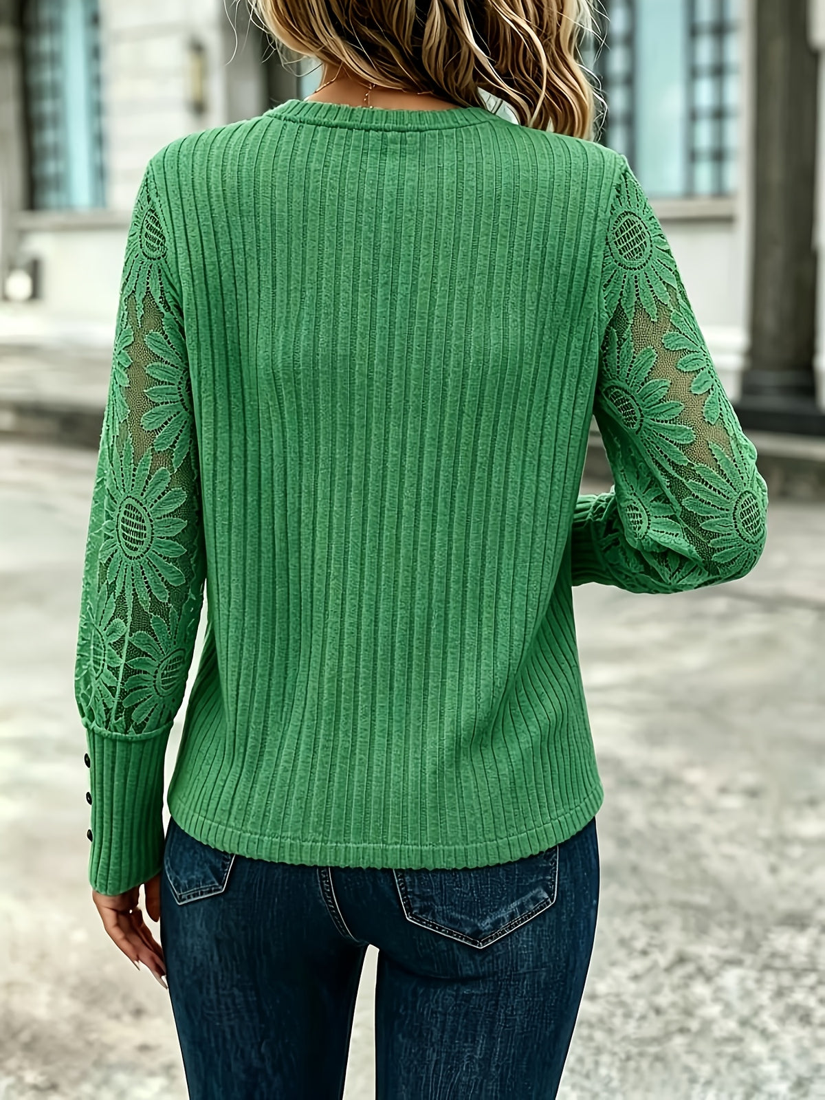 Rosalie | Women Floral Lace Sleeve Ribbed Sweater