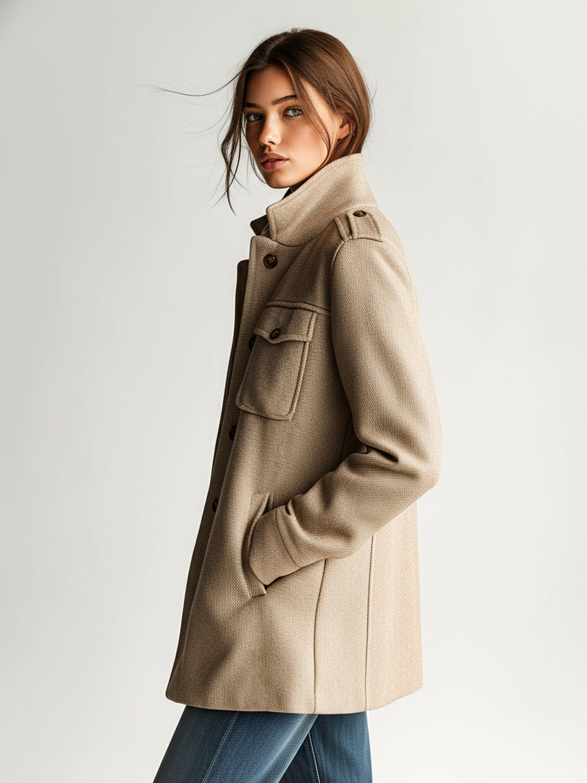 Harlow | Vintage Casual Khaki Wool Blend Stand Collar Epaulet Multi Pocket Short Coat