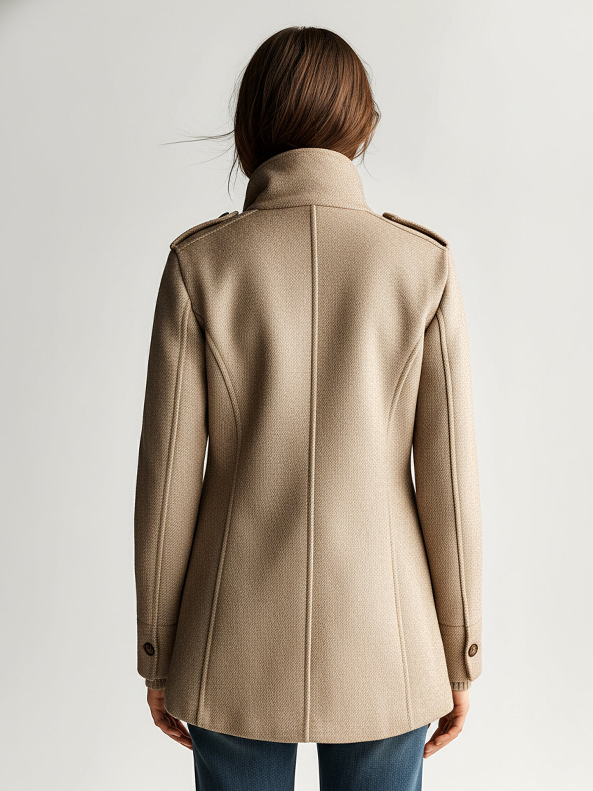 Harlow | Vintage Casual Khaki Wool Blend Stand Collar Epaulet Multi Pocket Short Coat