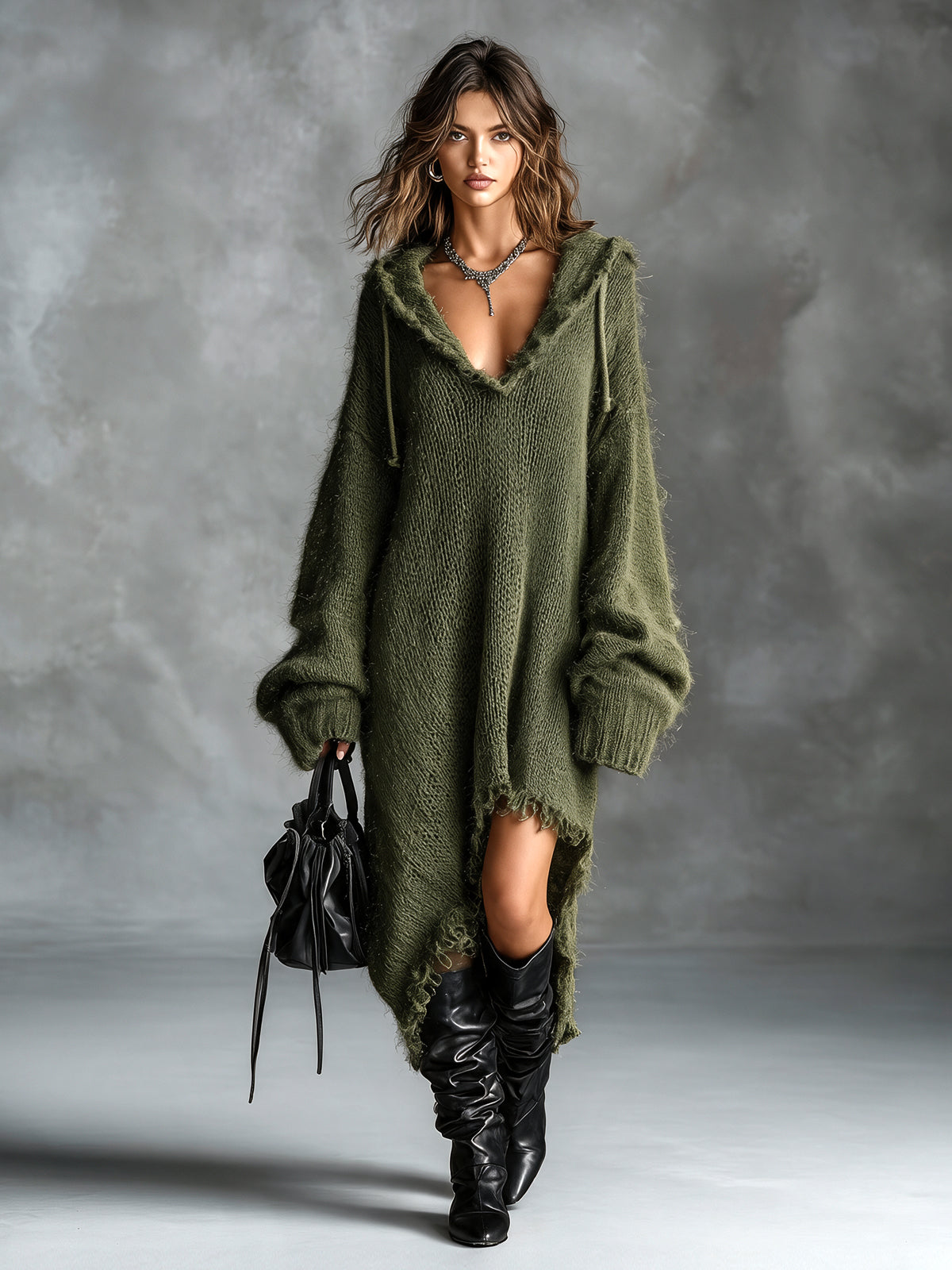 Flora fuzzy knit hooded dress, styled look