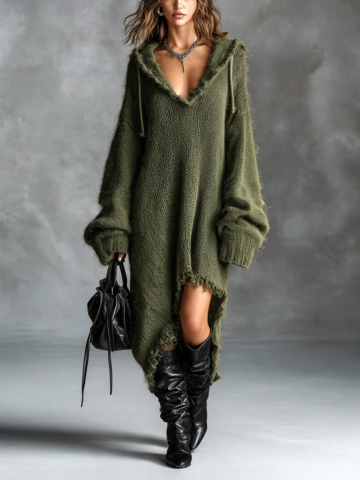 Flora fuzzy knit hooded dress in Army Green