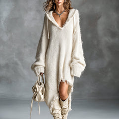 Flora fuzzy knit hooded dress, styled look