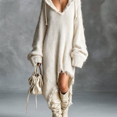 Flora fuzzy knit hooded dress in Cream White