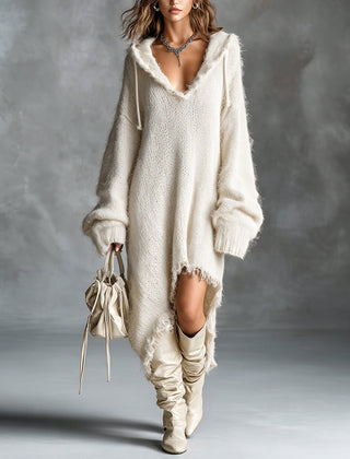Flora fuzzy knit hooded dress in Cream White