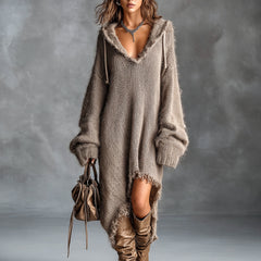 Flora fuzzy knit hooded dress in Brown
