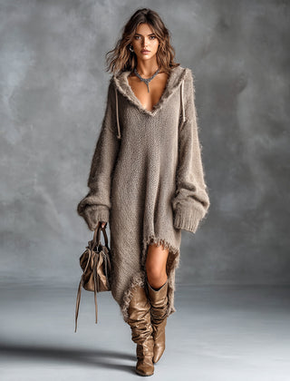 Flora fuzzy knit hooded dress in Brown