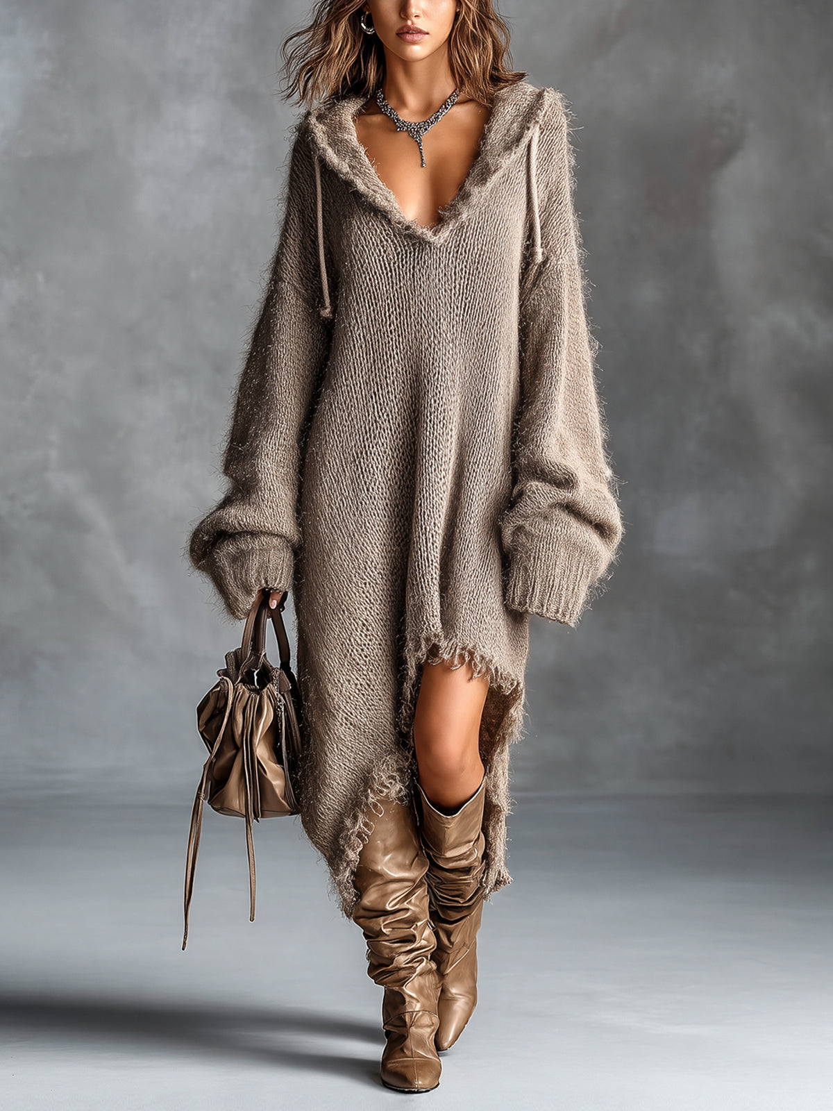 Flora fuzzy knit hooded dress, side view