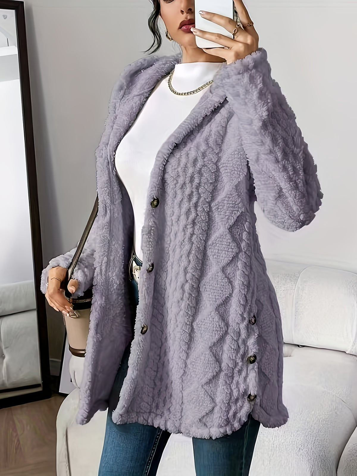 Rebecca | Women Hooded Textured Longline Button Cardigan