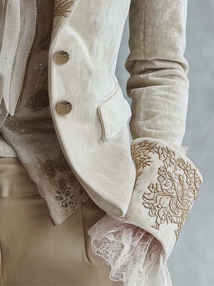 Vivian | Women Embroidered Cuff Lapel Button Blazer