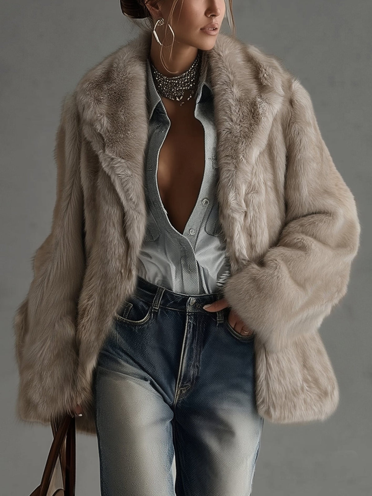 Simone | Soft Taupe Faux Fur Oversized Long Sleeve Coat
