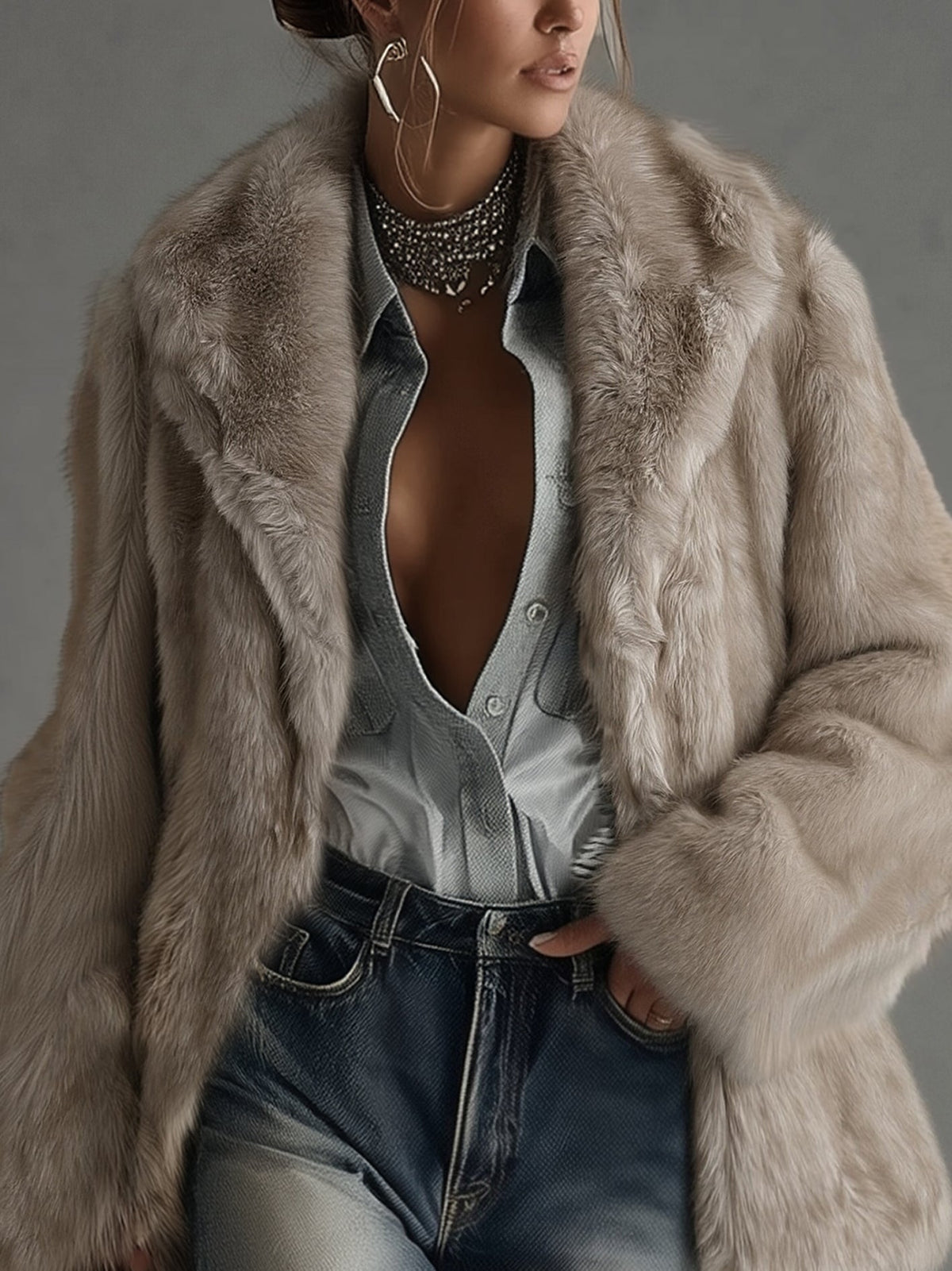 Simone | Soft Taupe Faux Fur Oversized Long Sleeve Coat