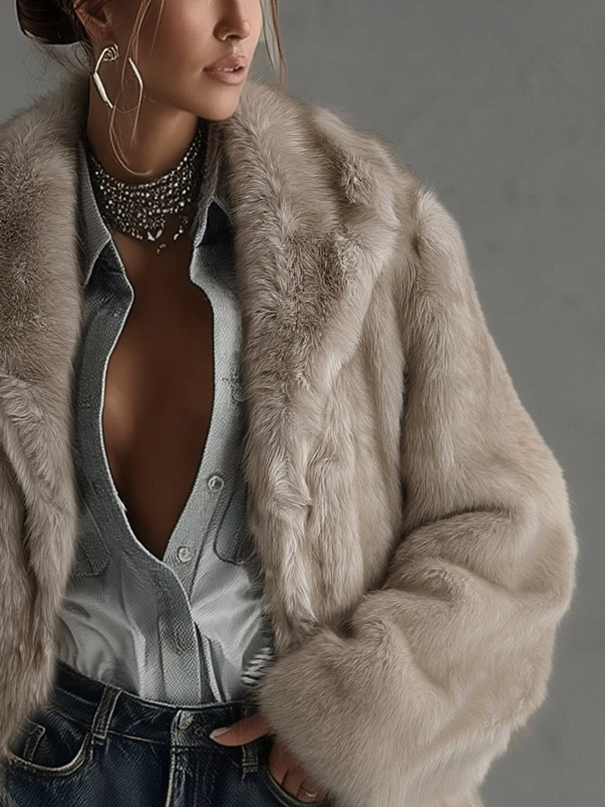Simone | Soft Taupe Faux Fur Oversized Long Sleeve Coat