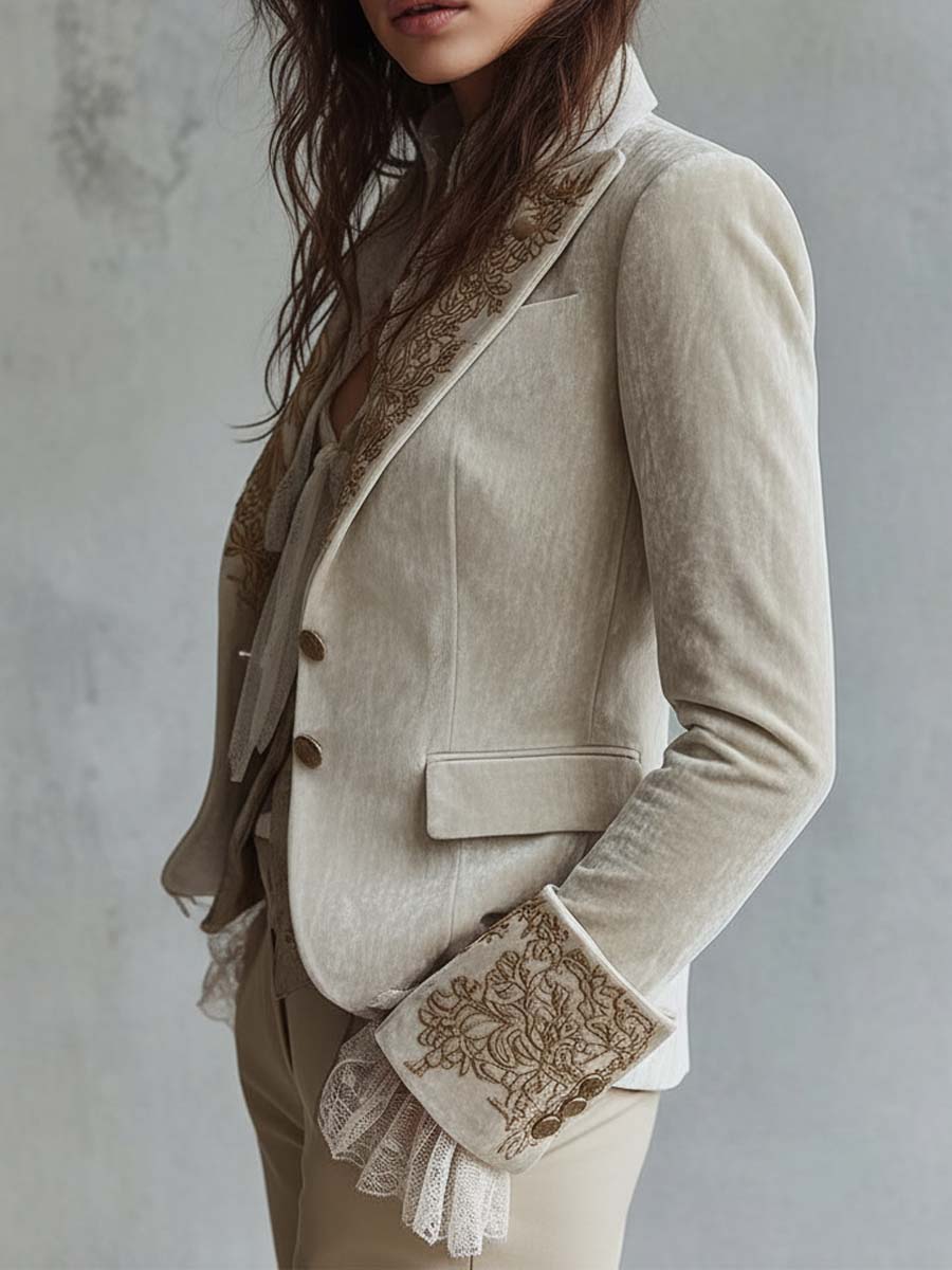 Vivian | Women Embroidered Cuff Lapel Button Blazer