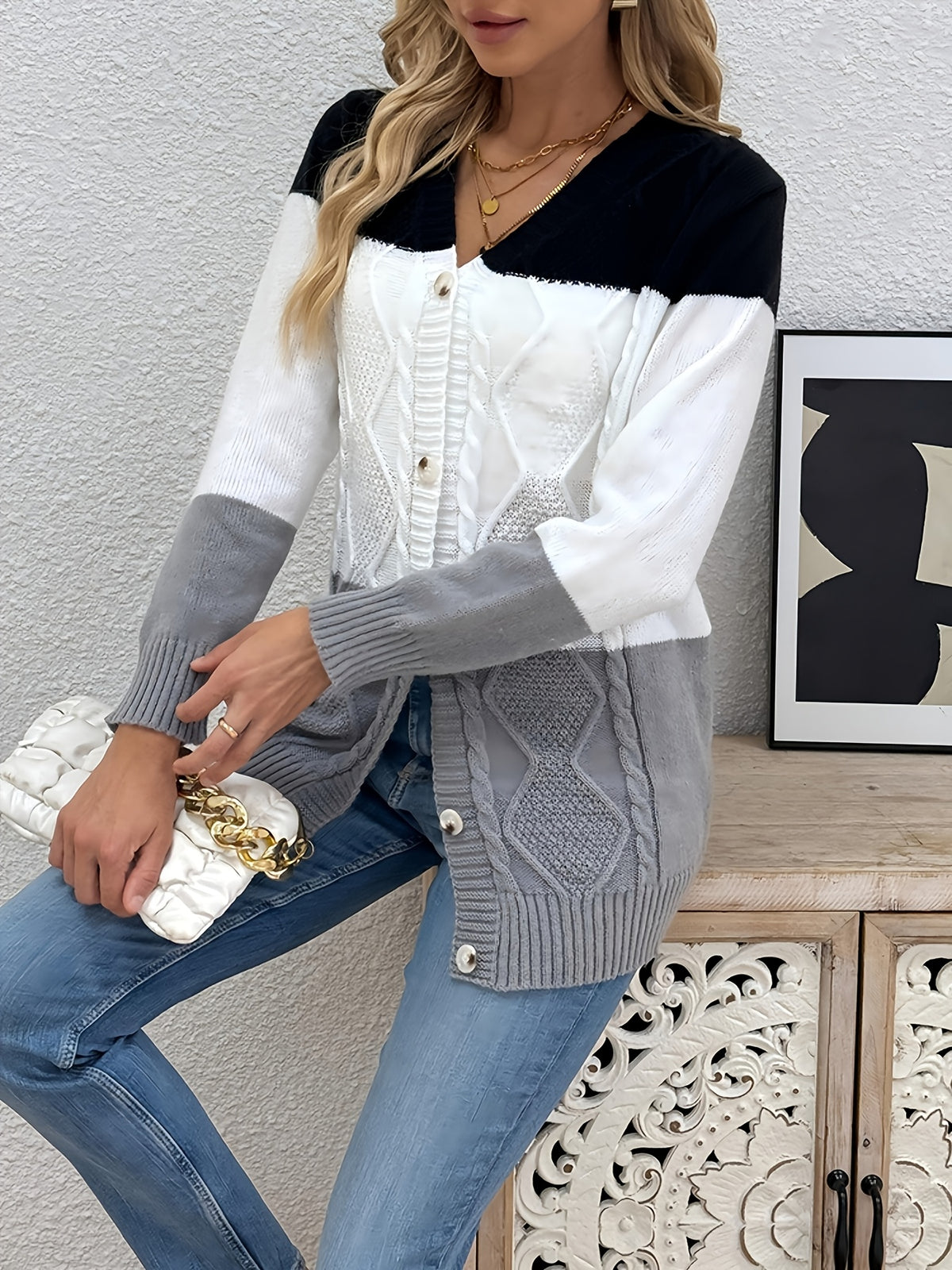 Diana | Women Color Block Button Front Textured Cardigan