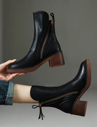 Saskia leather square-heel ankle boots in black
