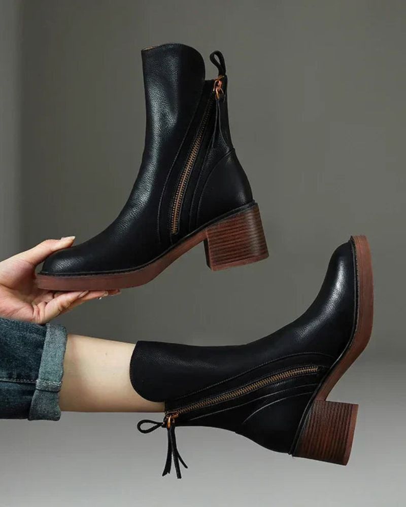 Saskia leather square-heel ankle boots in black
