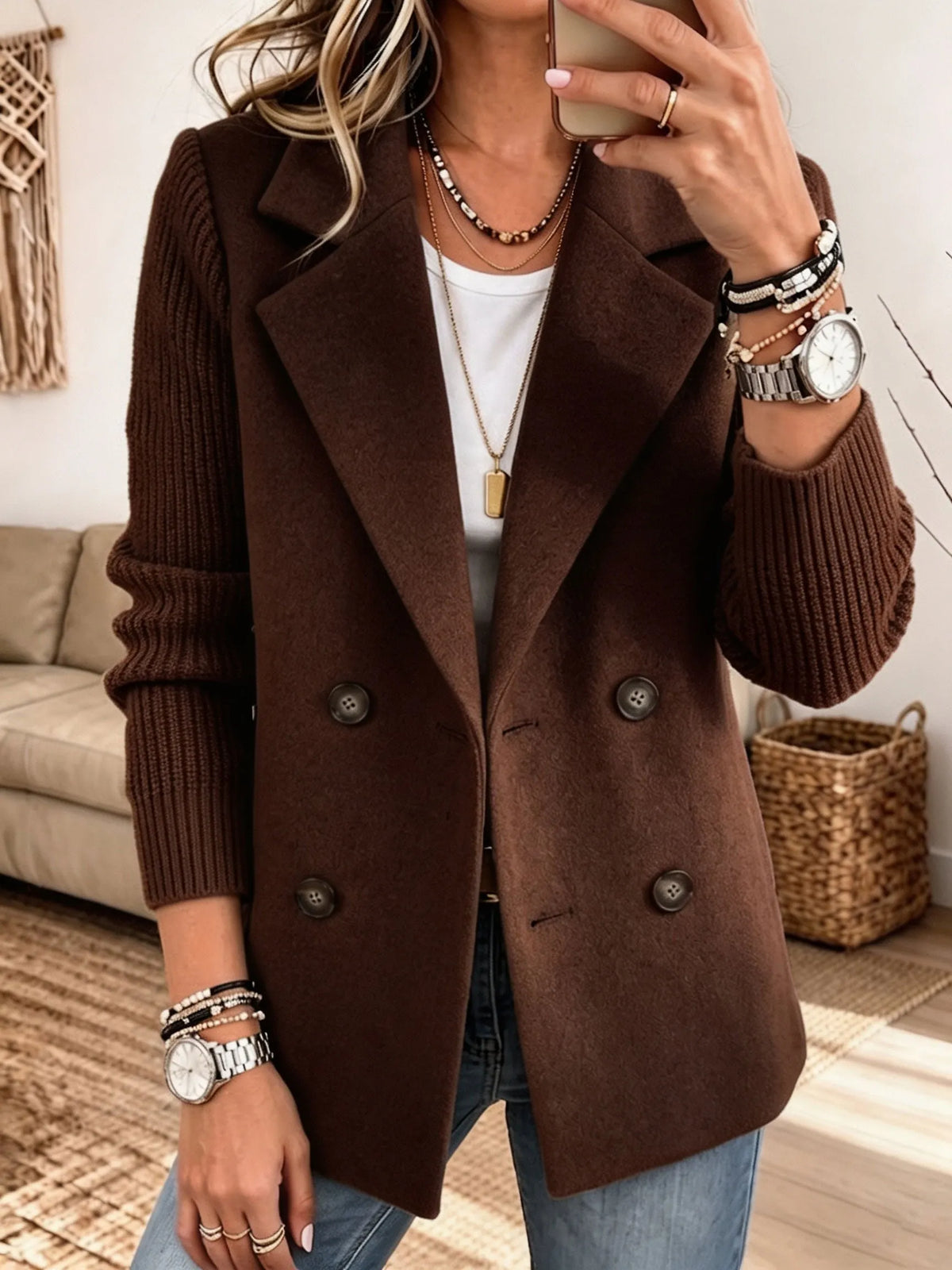 Sylvia | Double Breasted Knit Sleeve Blazer