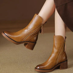 Saskia leather square-heel ankle boots in brown