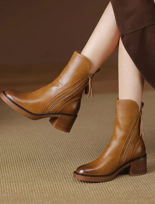 Saskia leather square-heel ankle boots in brown
