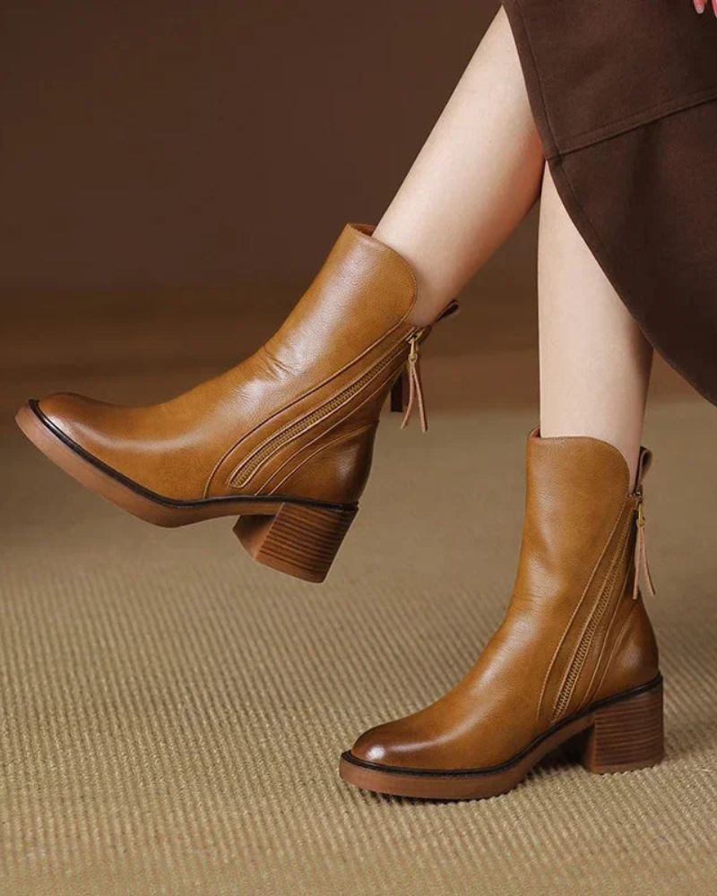 Saskia leather square-heel ankle boots in brown