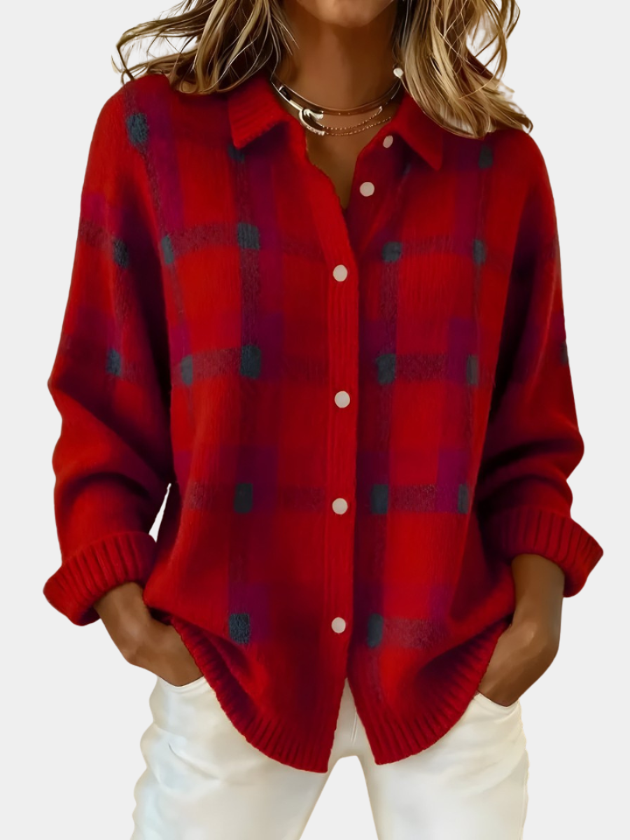 Rose | Women Checked Collared Button Down Knit Cardigan