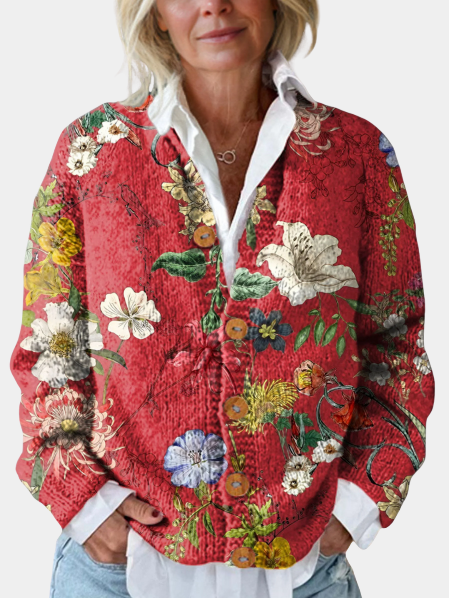 Eleanor | Women Floral Print Collared Button Cardigan