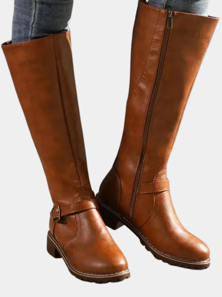 Victoria | Women Tall Knee High Buckle Strap Zip Boots