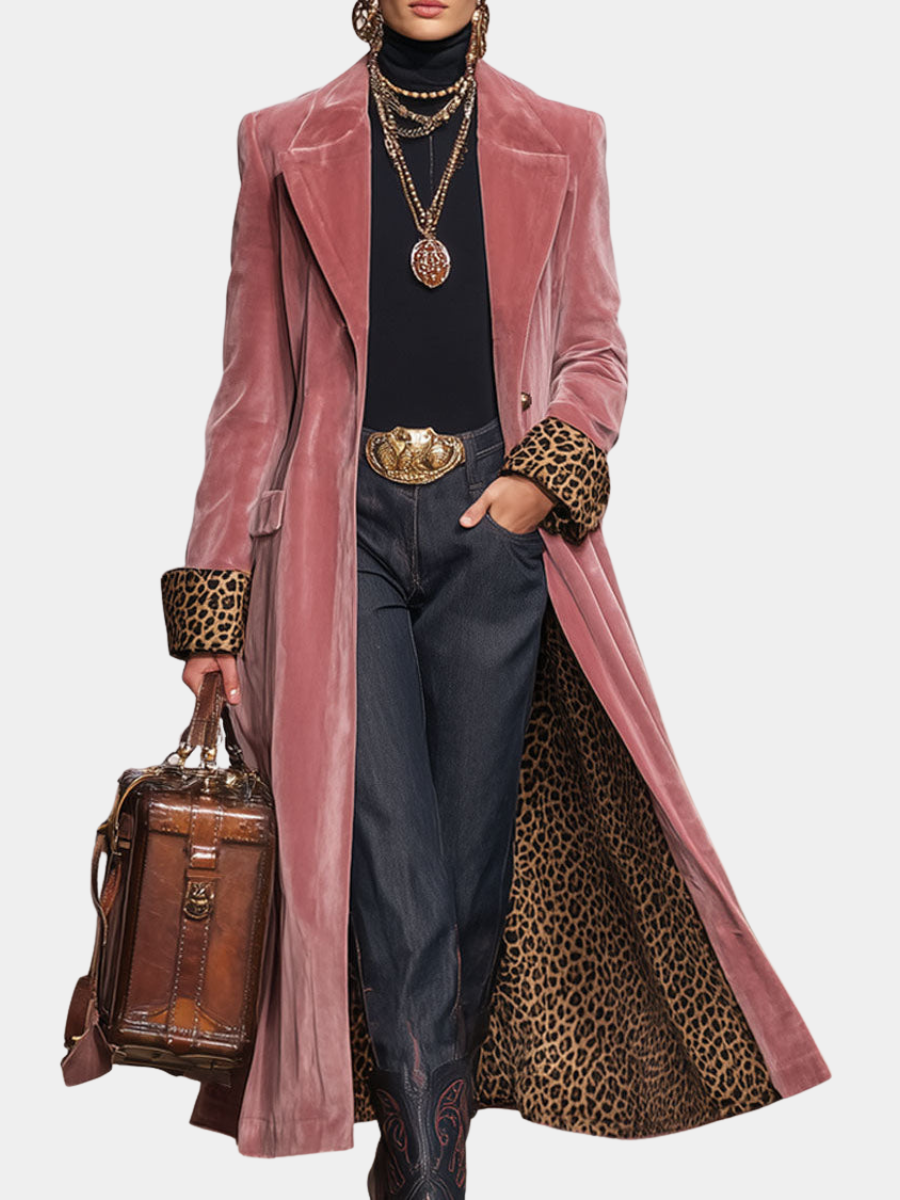 Isabella | Women Longline Blazer Coat With Leopard Print Trim