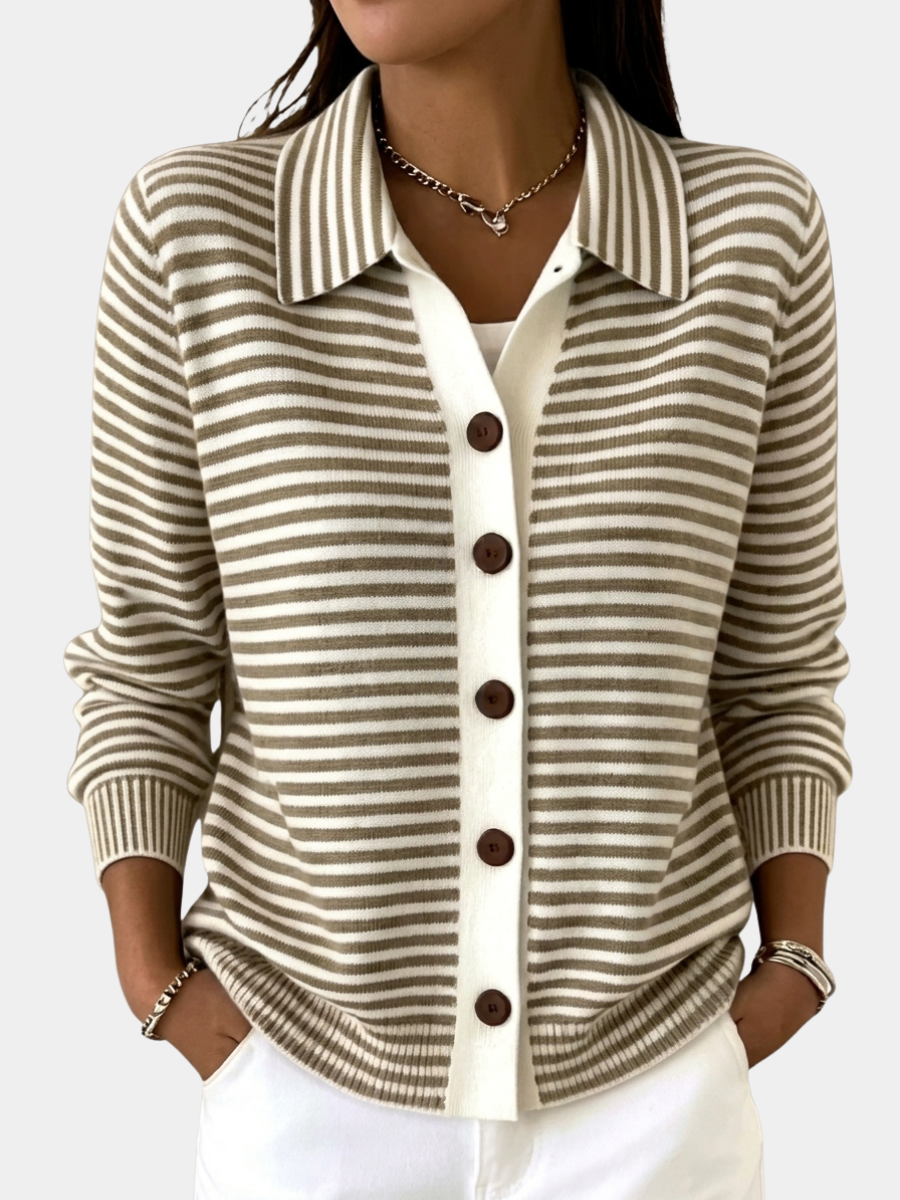 Cecilia | Women Green Striped Button Front Cardigan