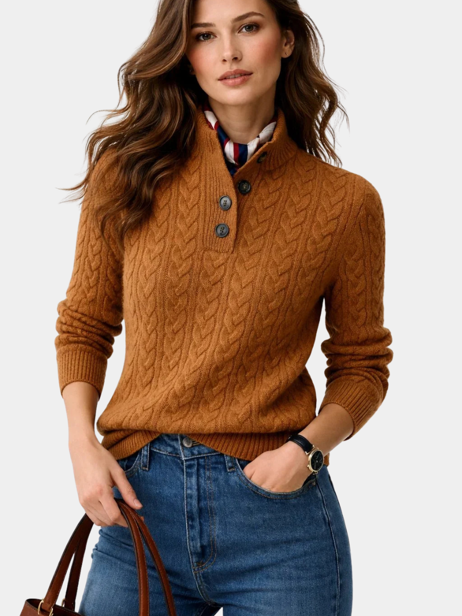 Charlotte | Women Cable Knit Buttoned Mock Neck Sweater