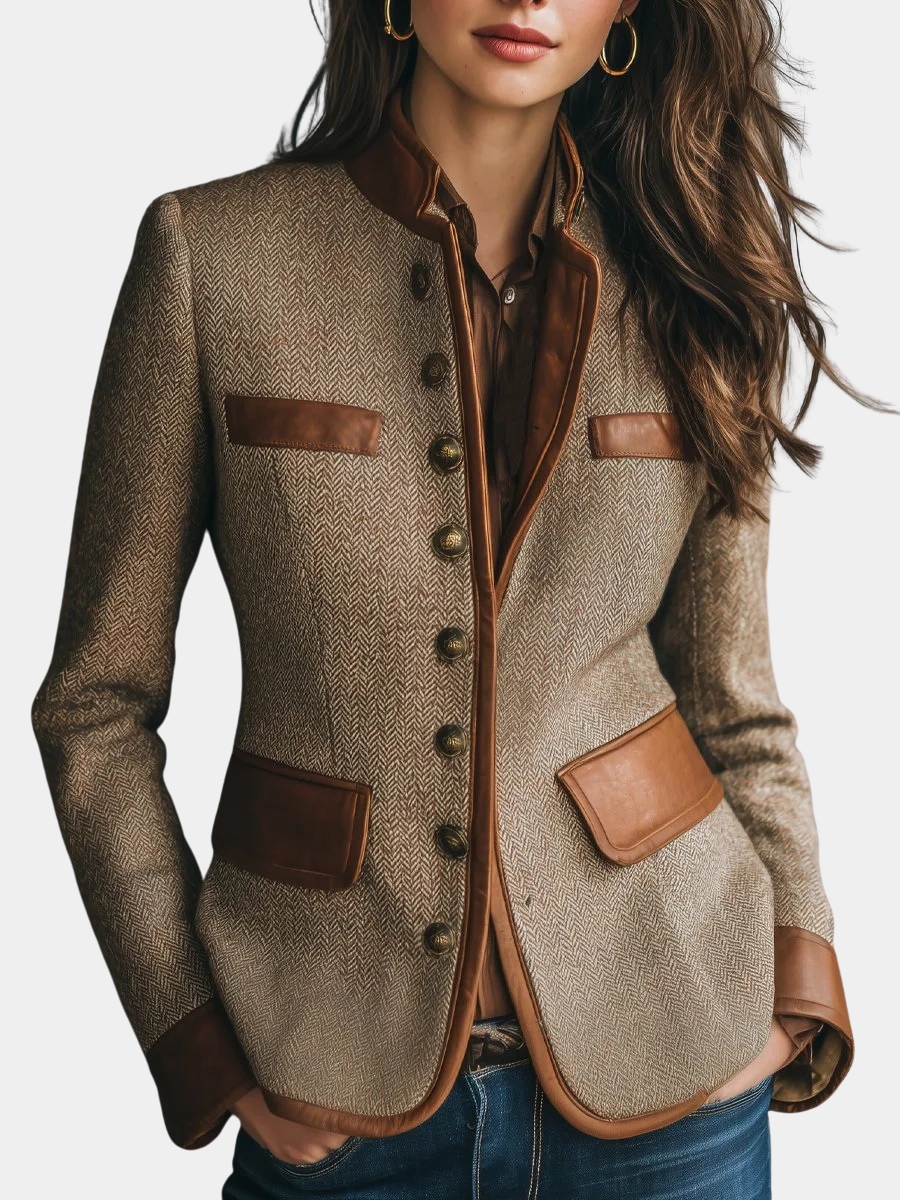 Sophia | Women Herringbone Button Front Tailored Jacket