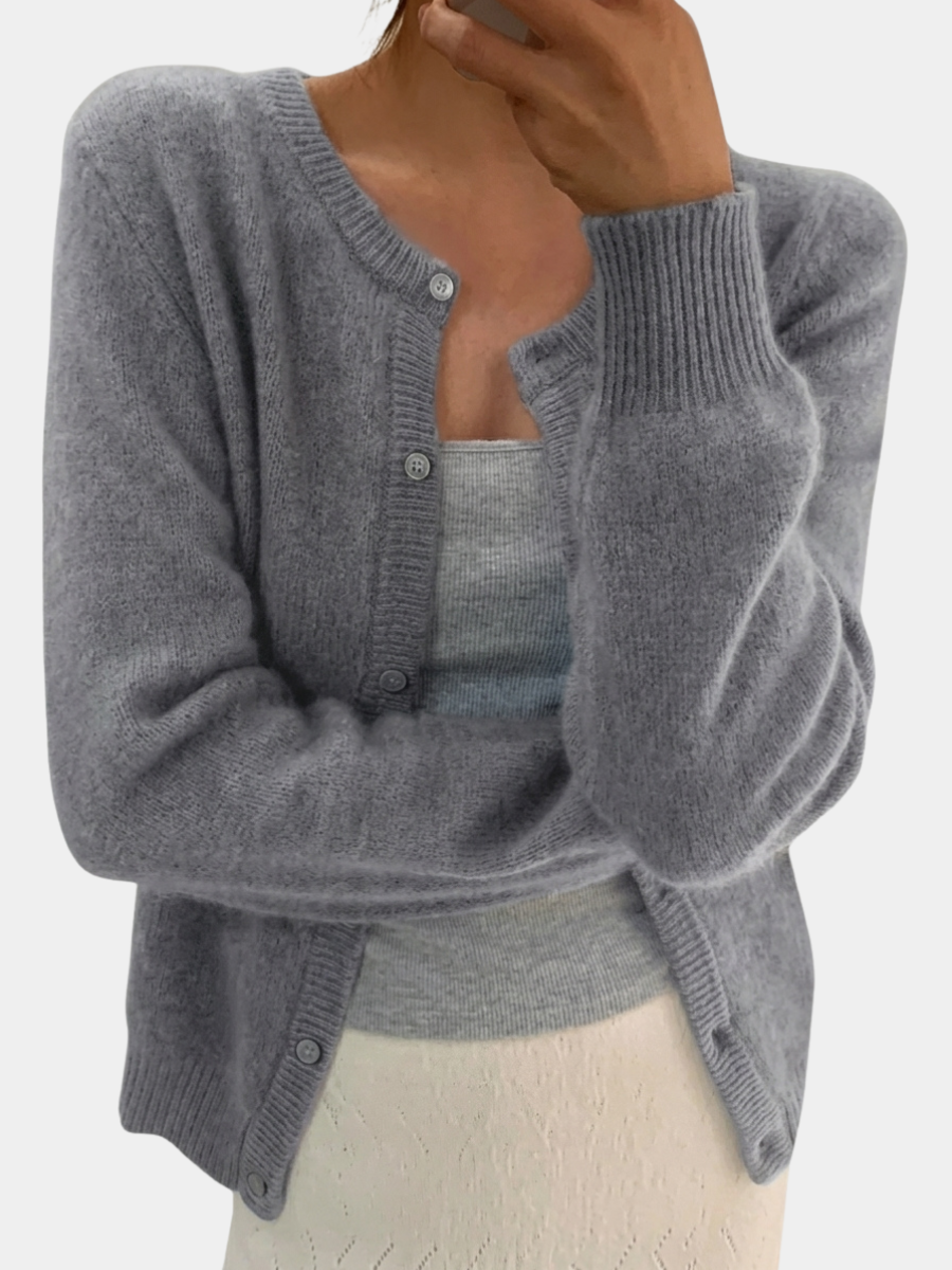 Audrey | Women Button Front Ribbed Crewneck Cardigan