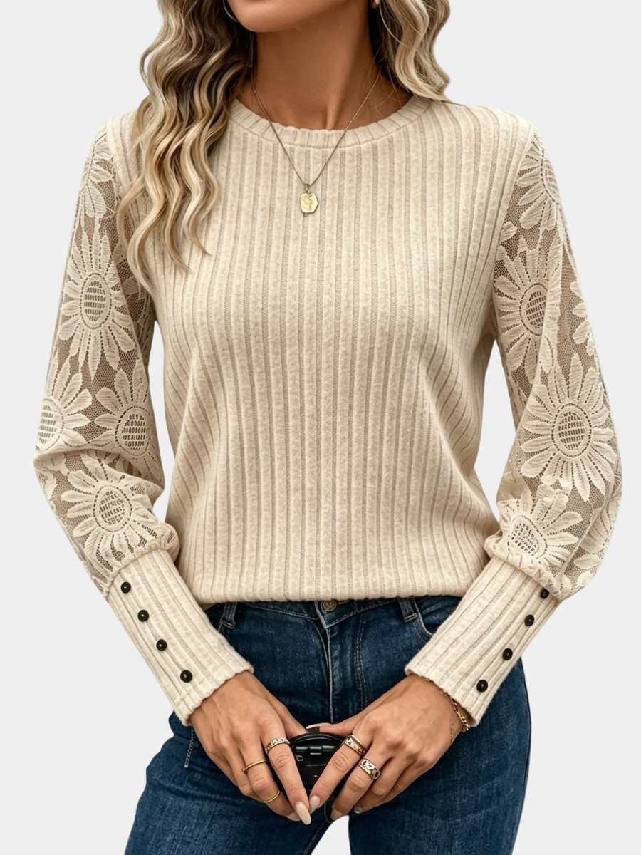 Rosalie | Women Floral Lace Sleeve Ribbed Sweater