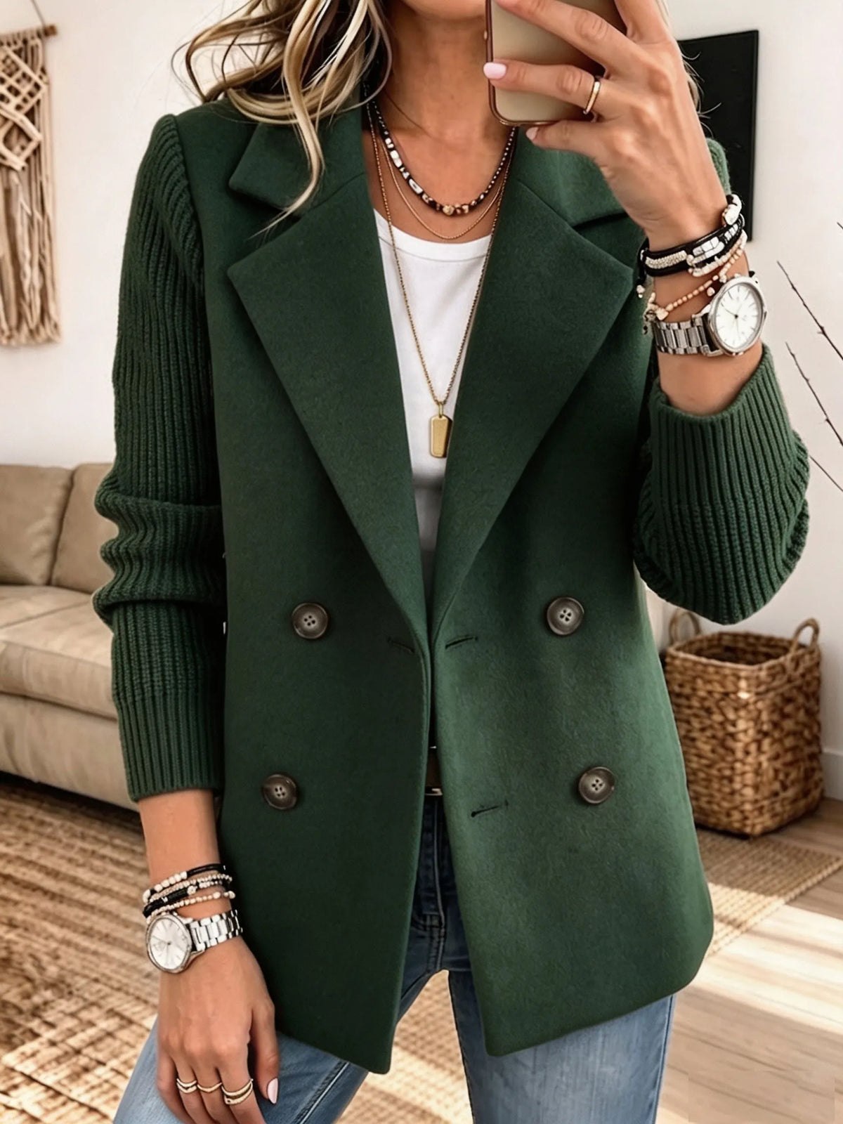 Sylvia | Double Breasted Knit Sleeve Blazer