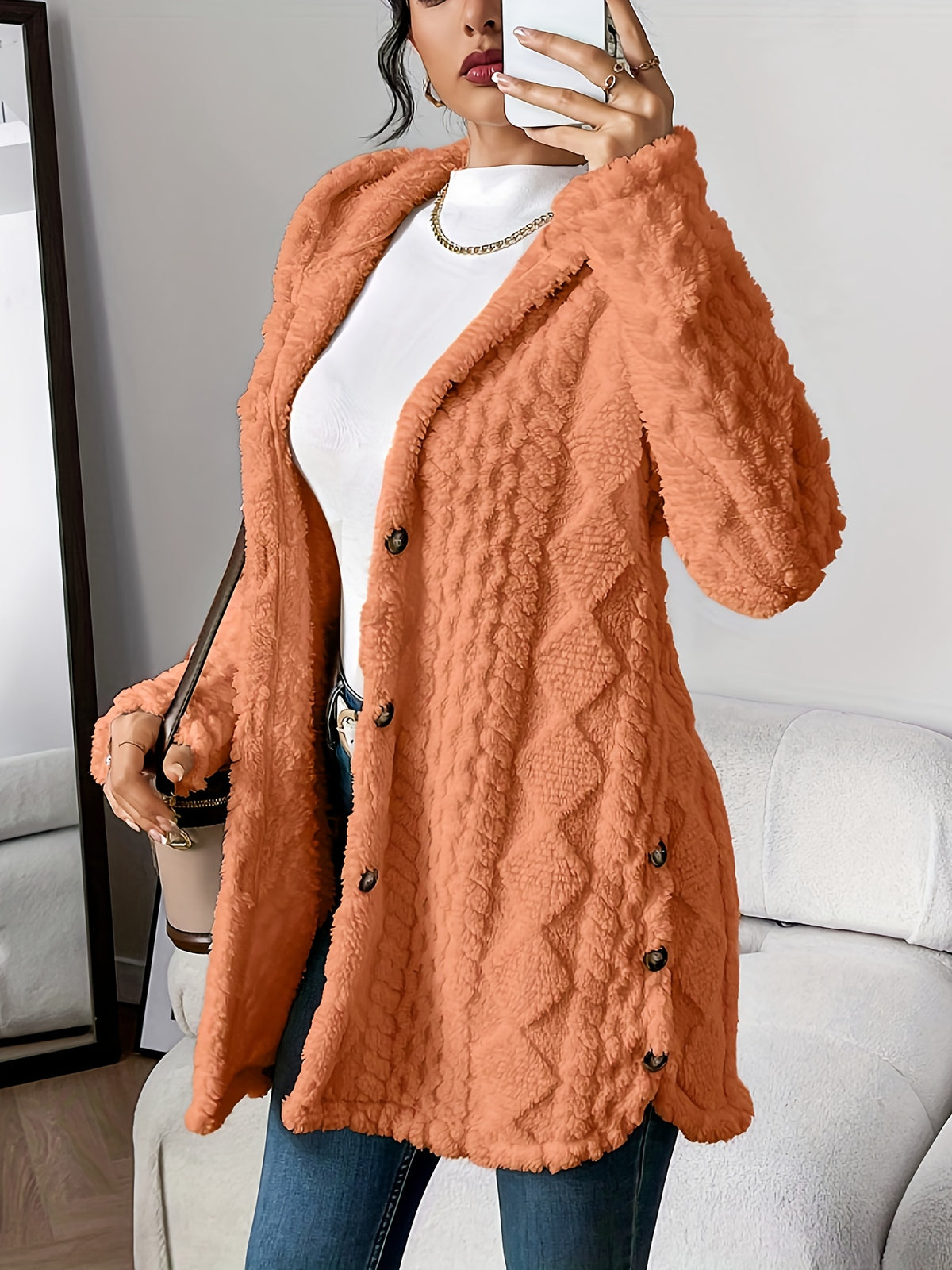 Rebecca | Women Hooded Textured Longline Button Cardigan