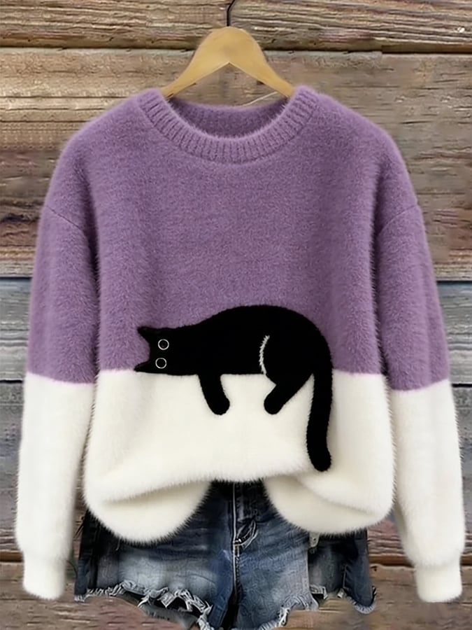 Amelia | Women Cat Graphic Color Block Crewneck Sweater