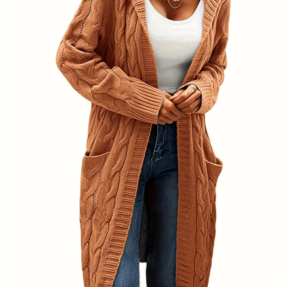 Audrey | Women Longline Cable Knit Hooded Cardigan