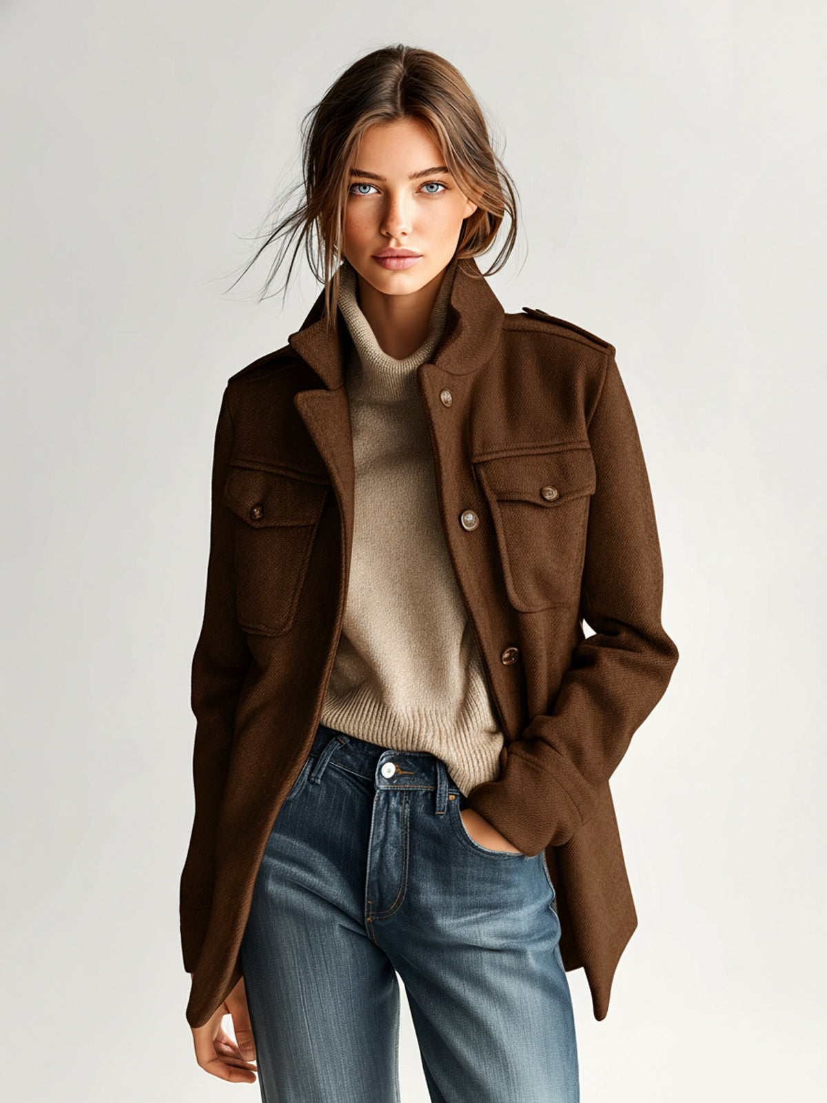 Harlow | Vintage Casual Khaki Wool Blend Stand Collar Epaulet Multi Pocket Short Coat