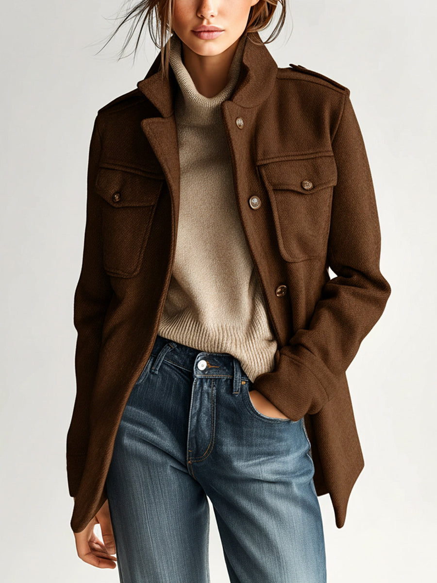Harlow | Vintage Casual Khaki Wool Blend Stand Collar Epaulet Multi Pocket Short Coat