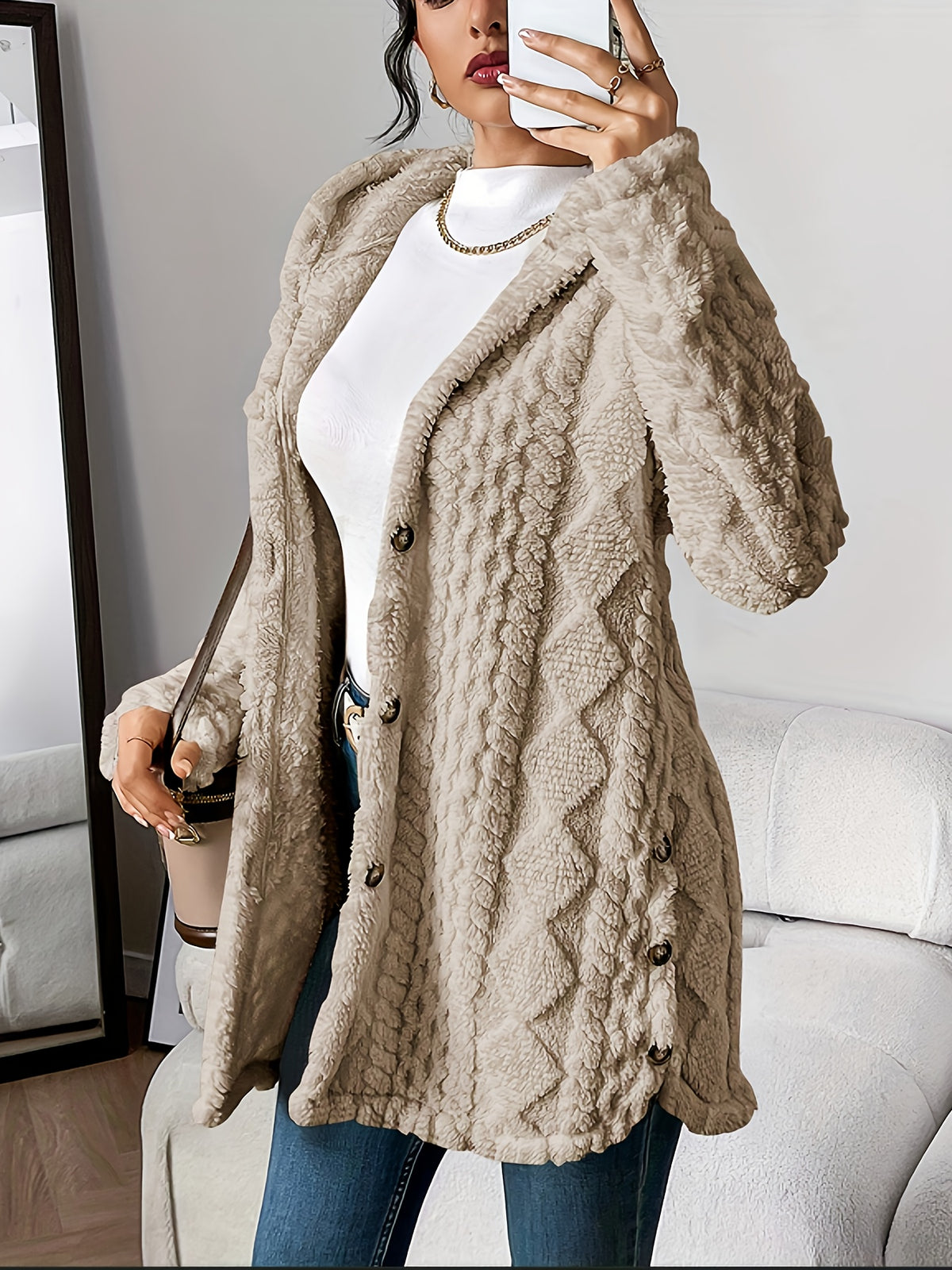 Rebecca | Women Hooded Textured Longline Button Cardigan