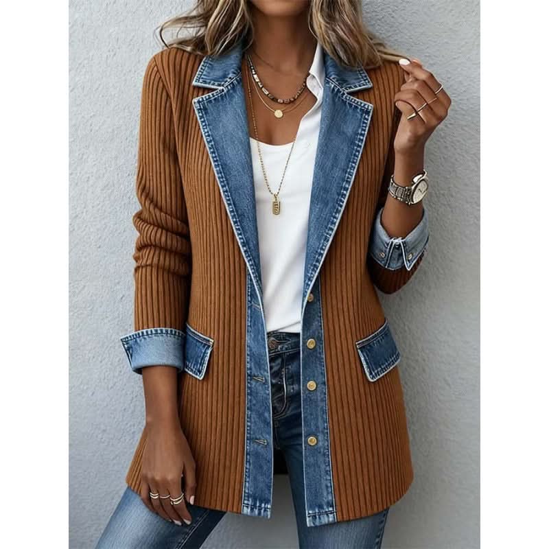 Isla | Women Ribbed Contrast Lapel Button Blazer Jacket