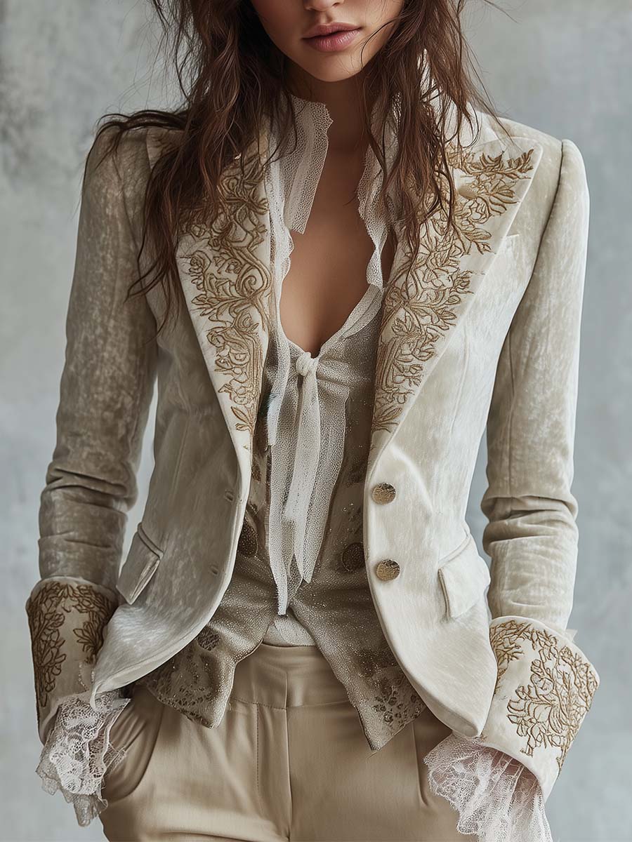 Vivian | Women Embroidered Cuff Lapel Button Blazer