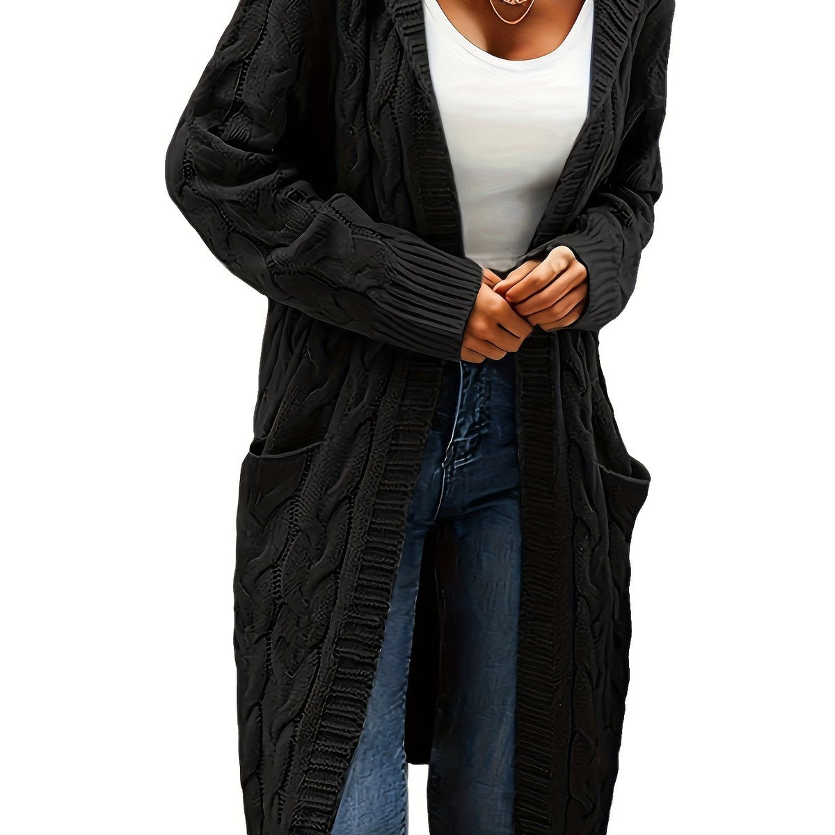 Audrey | Women Longline Cable Knit Hooded Cardigan