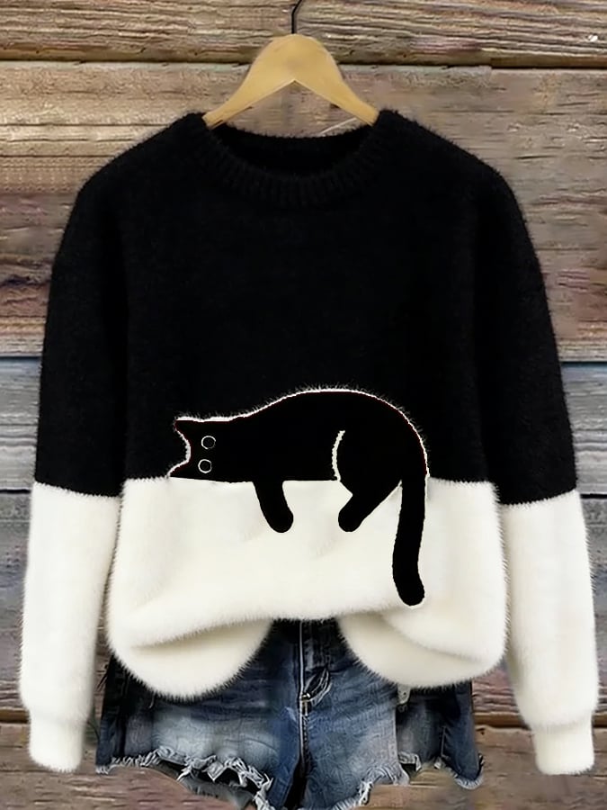 Amelia | Women Cat Graphic Color Block Crewneck Sweater
