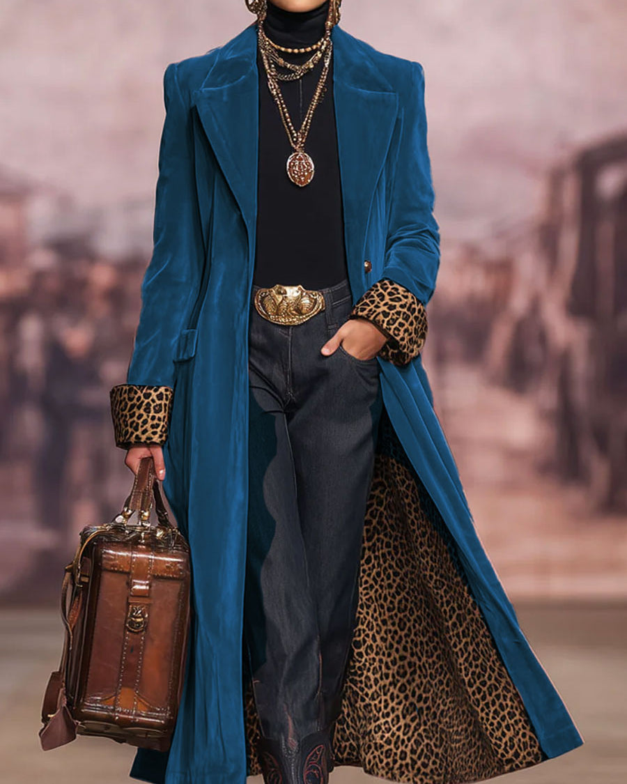 Isabella | Women Longline Blazer Coat With Leopard Print Trim