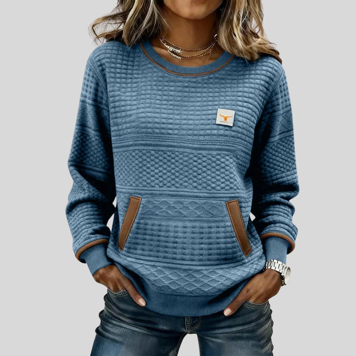 Nora | Women Textured Crewneck Pullover Pocket Sweatshirt