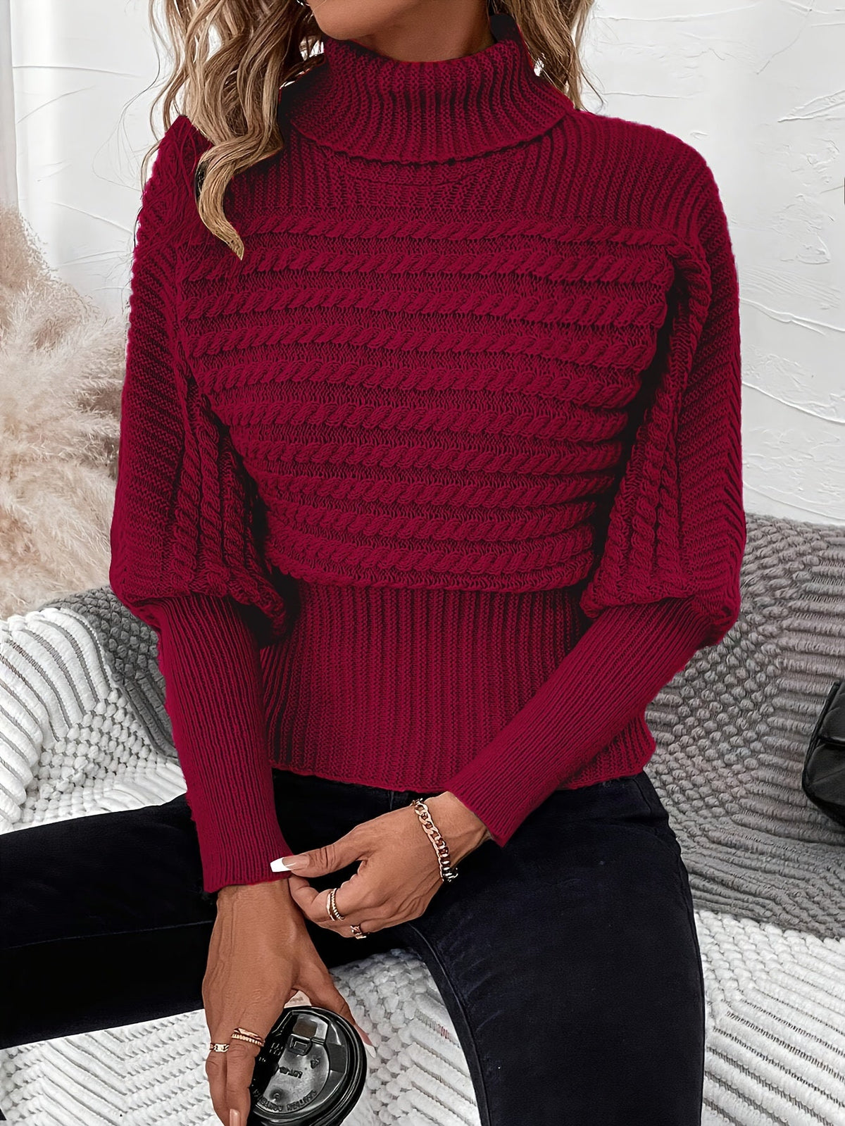 Megan | Textured Cable Knit Turtleneck Sweater