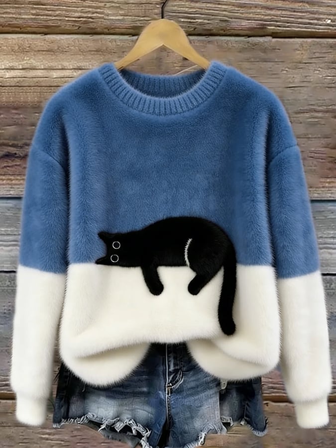 Amelia | Women Cat Graphic Color Block Crewneck Sweater